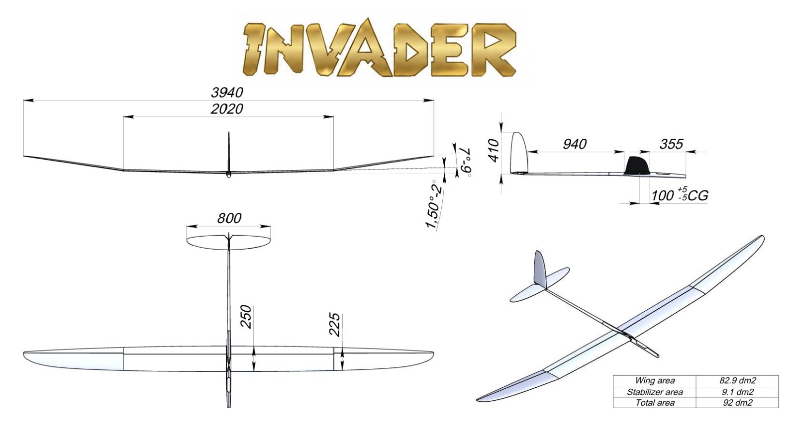 Invader F5J 4m Glider Dimentions